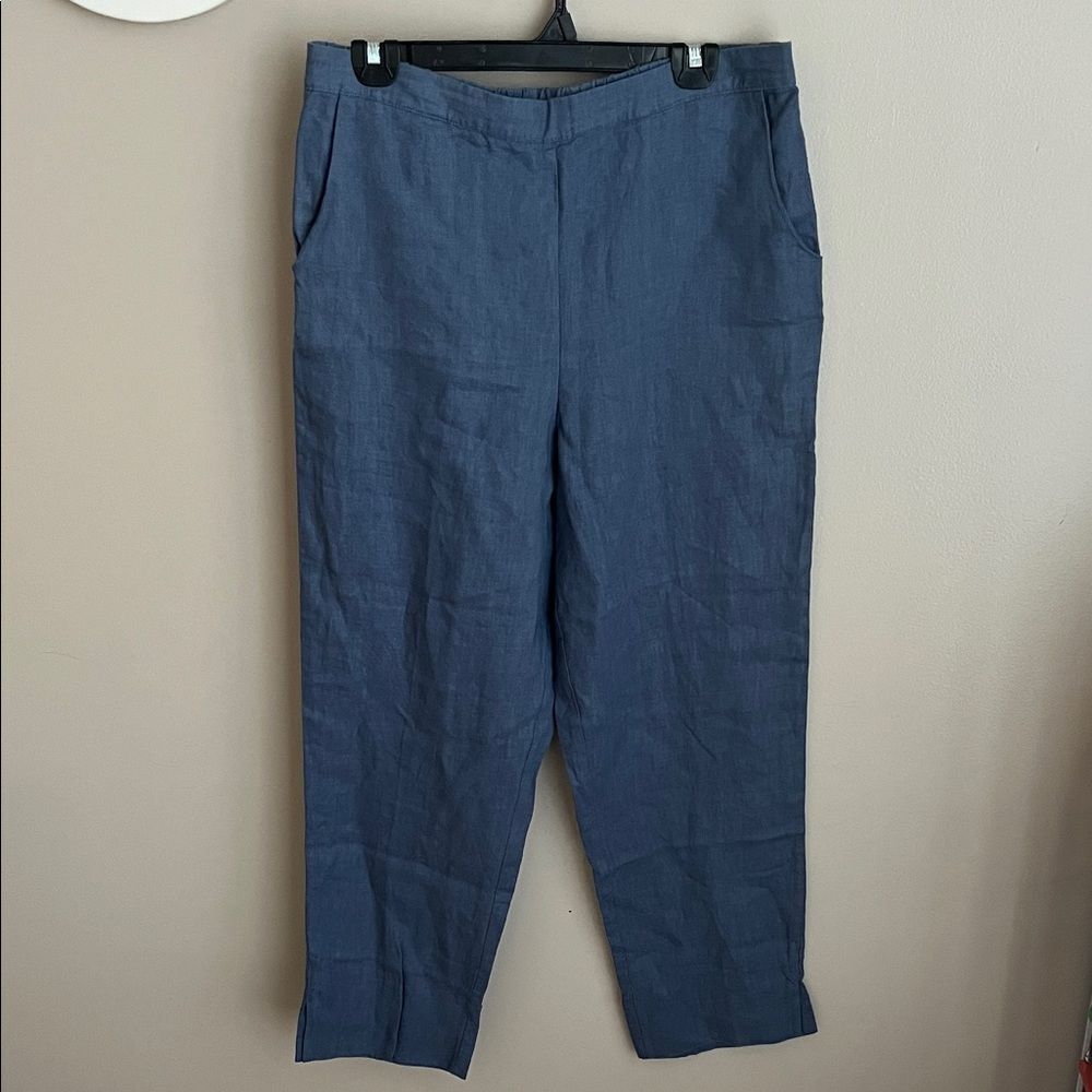 Peck & Peck Linen High Rise Pull-On Ankle Pant Blue Womens Large 100% linen